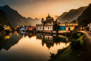 un' bellissimo tramonto al di sopra di un' lago con un' Casa nel il sfondo. ai-generato foto