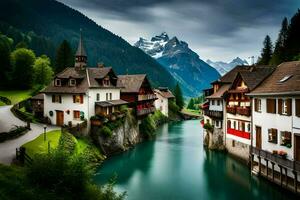 foto sfondo il cielo, montagne, fiume, case, montagne, Svizzera, Svizzera,. ai-generato