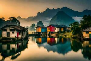 colorato case su il acqua nel davanti di montagne. ai-generato foto