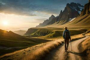 un' uomo a piedi su un' sporco strada nel il montagne. ai-generato foto