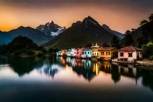 foto sfondo il cielo, montagne, acqua, case, il lago, il montagne, il lago. ai-generato