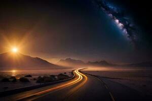 un' lungo esposizione foto di un' strada nel il deserto con il latteo nel il sfondo. ai-generato