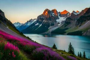 il sole sorge al di sopra di il montagne e lago. ai-generato foto