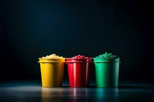 tre colorato plastica tazze con diverso colorato cibo. ai-generato foto