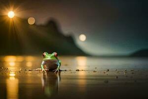 un' rana seduta su il spiaggia a notte. ai-generato foto