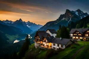 un' Casa nel il montagne a tramonto. ai-generato foto