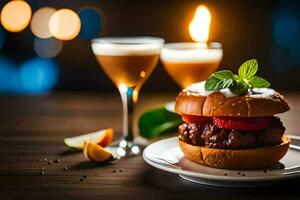 un' Hamburger con carne e verdure su un' piatto. ai-generato foto