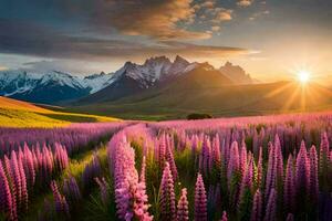 il sole brilla al di sopra di un' campo di viola fiori e montagne. ai-generato foto