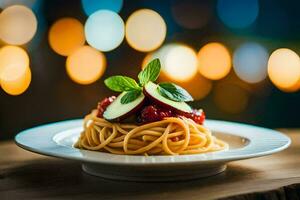 spaghetti con pomodoro salsa e basilico le foglie su un' piatto. ai-generato foto
