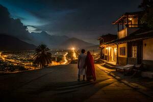 un' coppia in piedi su il lato di un' strada guardare a il città a notte. ai-generato foto