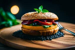 un' Hamburger con verdure e un' forchetta. ai-generato foto