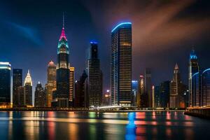 il città orizzonte a notte nel dubai. ai-generato foto