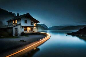 un' Casa si siede su il riva di un' lago a notte. ai-generato foto