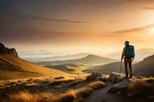 un' uomo con zaino e il trekking poli in piedi su il superiore di un' montagna a tramonto. ai-generato foto