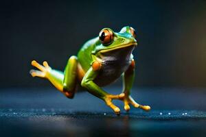 un' rana è salto su un' buio superficie. ai-generato foto