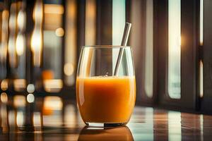 arancia succo nel un' bicchiere su un' tavolo. ai-generato foto