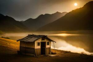un' piccolo capanna si siede su il lato di un' lago a tramonto. ai-generato foto