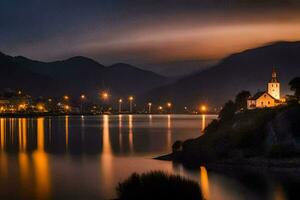 un' Chiesa si siede su il riva di un' lago a notte. ai-generato foto