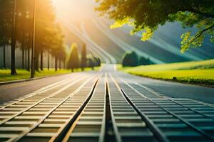 un' lungo strada con Ferrovia brani nel il sfondo. ai-generato foto