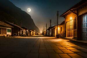 un' strada a notte con un' pieno Luna. ai-generato foto