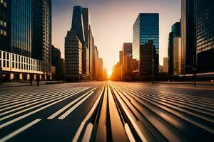 un' città strada a tramonto con il sole ambientazione dietro a esso. ai-generato foto