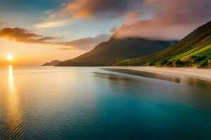 un' bellissimo spiaggia e montagne a tramonto. ai-generato foto