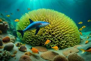 un' pesce nuotate vicino un anemone e un' corallo scogliera. ai-generato foto