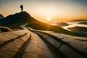 un' persona in piedi su un' montagna superiore a tramonto. ai-generato foto