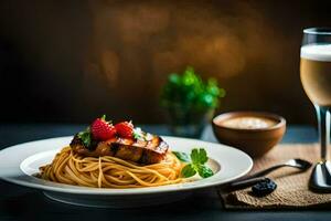 spaghetti con carne e fragole su un' piatto. ai-generato foto