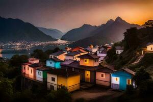 colorato case nel il montagne a tramonto. ai-generato foto