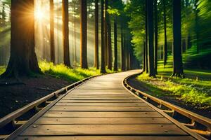 un' di legno sentiero nel il foresta con sole splendente attraverso. ai-generato foto