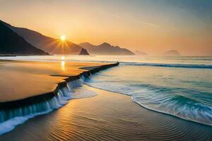 il sole sorge al di sopra di il oceano e il onde schianto in il costa. ai-generato foto