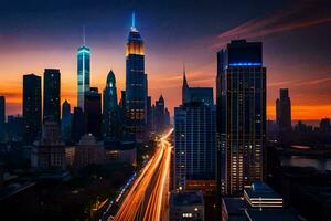 il città orizzonte a tramonto con traffico luci. ai-generato foto