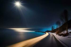 un' lungo esposizione foto di un' strada e il Luna. ai-generato