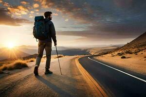 un' uomo con zaino e trekking poli in piedi su il strada a tramonto. ai-generato foto