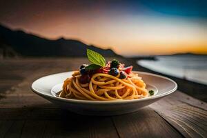 spaghetti con pomodoro salsa e mirtilli su un' piatto. ai-generato foto