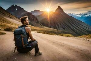 un' uomo con un' zaino seduta su il lato di un' strada nel il montagne. ai-generato foto