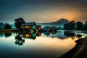 il Alba al di sopra di il lago. ai-generato foto