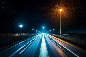 un' lungo esposizione fotografia di un' autostrada a notte. ai-generato foto