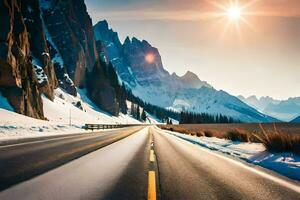 un' strada nel il montagne con neve e sole. ai-generato foto