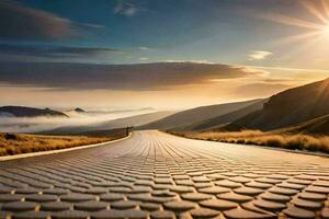 un' strada con un' sole splendente al di sopra di esso. ai-generato foto