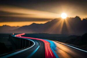 un' lungo esposizione fotografia di un' autostrada con il sole ambientazione dietro a esso. ai-generato foto