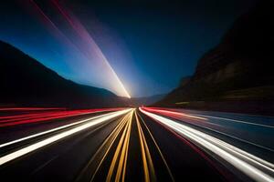 un' lungo esposizione fotografia di un' autostrada a notte. ai-generato foto