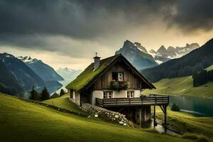 foto sfondo montagne, il cielo, nuvole, il Casa, il lago, il montagne, il. ai-generato