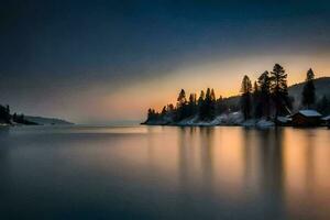 un' lago a tramonto con alberi e un' cabina. ai-generato foto