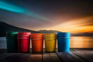 colorato tazze su un' di legno ponte con un' lago nel il sfondo. ai-generato foto