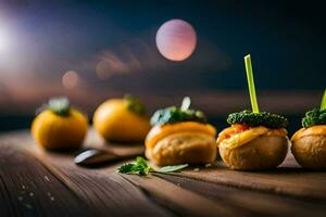 piccolo Antipasti con broccoli e formaggio su un' di legno tavolo. ai-generato foto