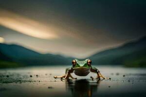 un' rana seduta su il terra nel il acqua. ai-generato foto