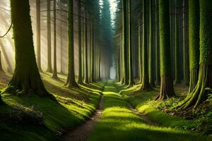 un' sentiero attraverso un' foresta con alberi e erba. ai-generato foto