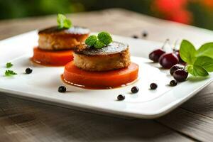 Due piccolo scaloppine su un' piatto con pomodori e erbe aromatiche. ai-generato foto